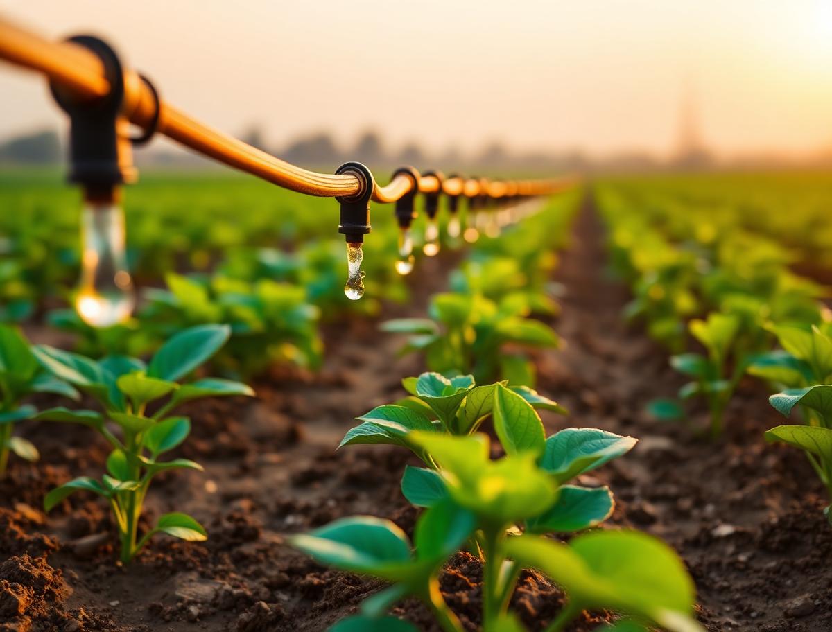 Inline drip irrigation laterals emitting water at the root zone of young vegetable rows at golden hour