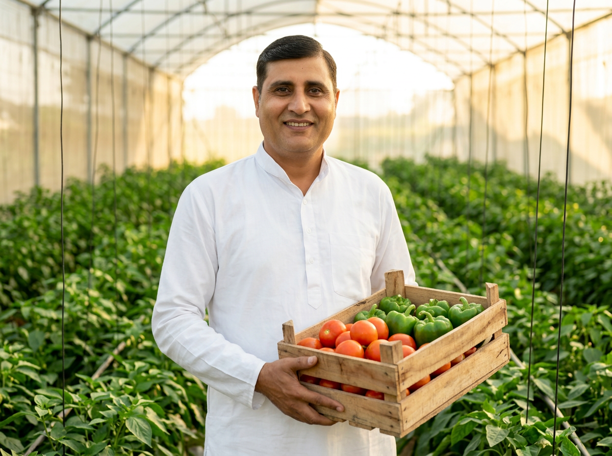Best Deal Agro Tech founder holding a crate of tomatoes and capsicums inside a polyhouse in Karnal