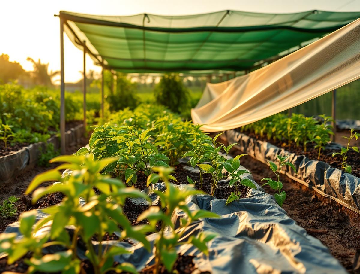 Silver-black mulch film laid over raised vegetable beds with a green shade net structure behind at golden hour