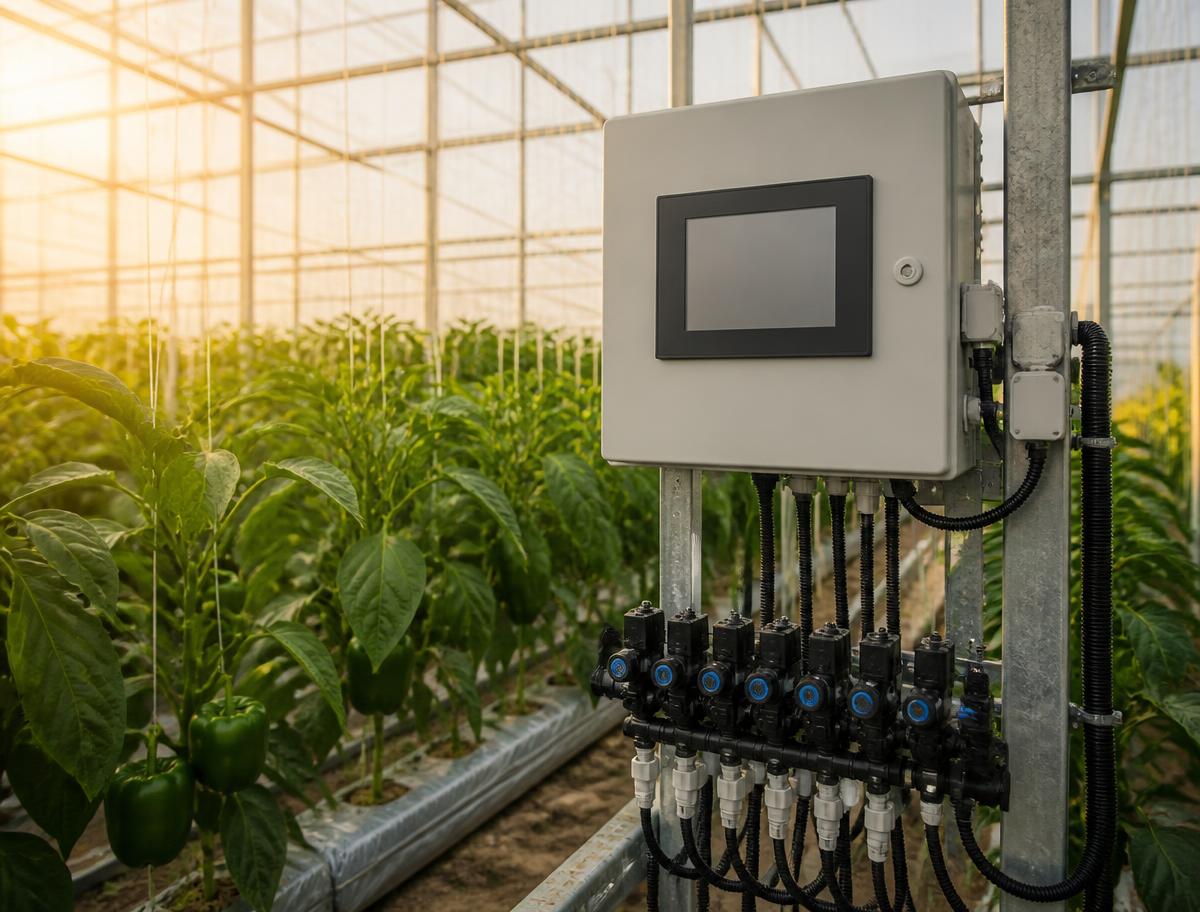 Wall-mounted polyhouse automation control panel with touchscreen and solenoid valve bank inside a capsicum greenhouse