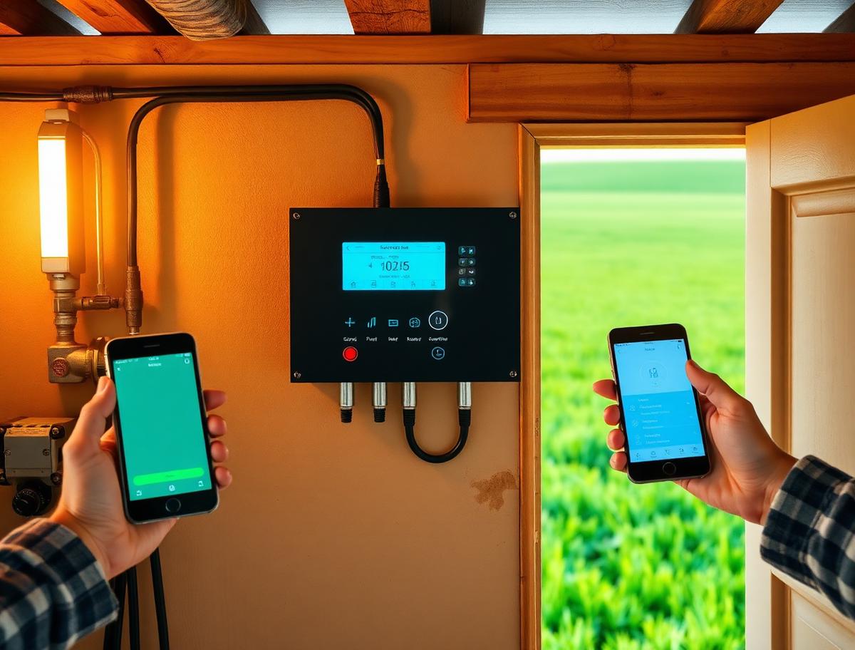 Wall-mounted smart irrigation controller in a farm pump house with a farmer operating the mobile app